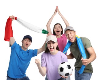 Photo of Emotional sports fans with flags and soccer ball on white background