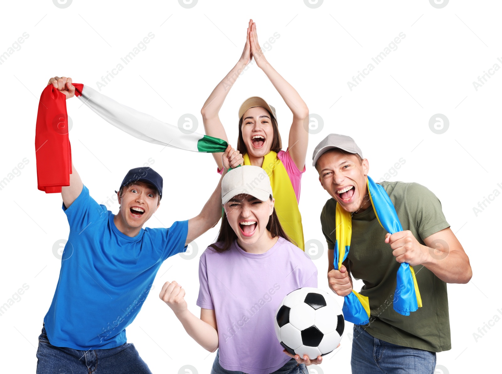 Emotional sports fans with flags and soccer ball on white background Photo of Emotional sports fans with flags and soccer ball on white background