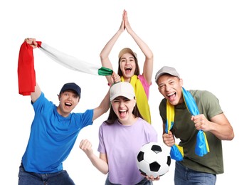 Photo of Emotional sports fans with flags and soccer ball on white background