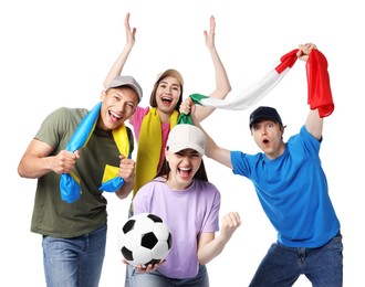Photo of Emotional sports fans with flags and soccer ball on white background