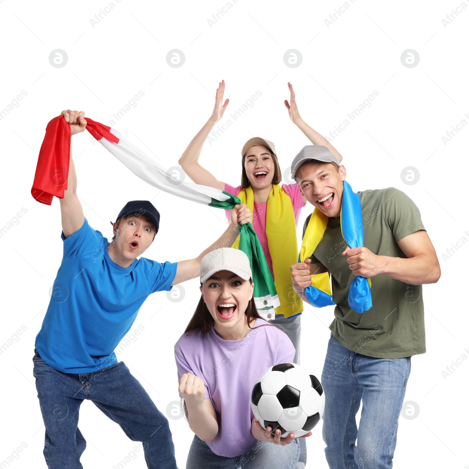 Emotional sports fans with flags and soccer ball on white background Photo of Emotional sports fans with flags and soccer ball on white background