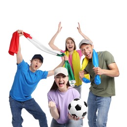 Photo of Emotional sports fans with flags and soccer ball on white background