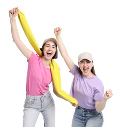 Photo of Emotional sports fans with flag on white background