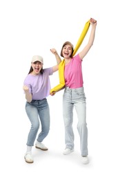 Photo of Emotional sports fans with flag on white background