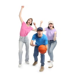 Photo of Emotional sports fans with basketball ball on white background