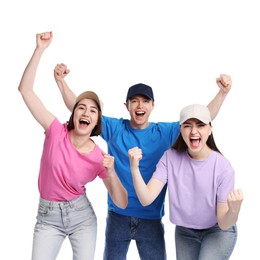 Photo of Portrait of emotional sports fans on white background