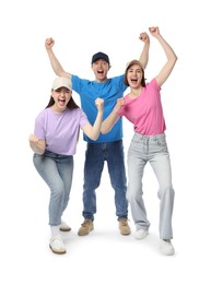 Photo of Portrait of emotional sports fans on white background