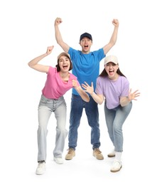 Photo of Portrait of emotional sports fans on white background