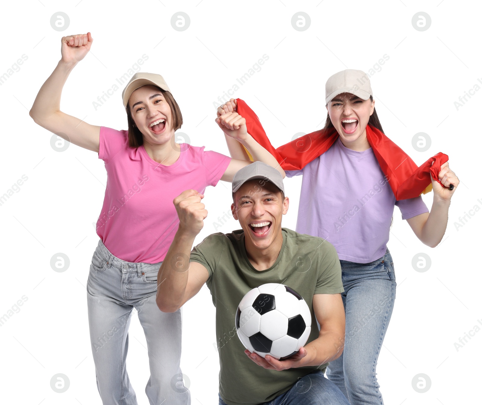 Emotional sports fans with flag and soccer ball on white background Photo of Emotional sports fans with flag and soccer ball on white background