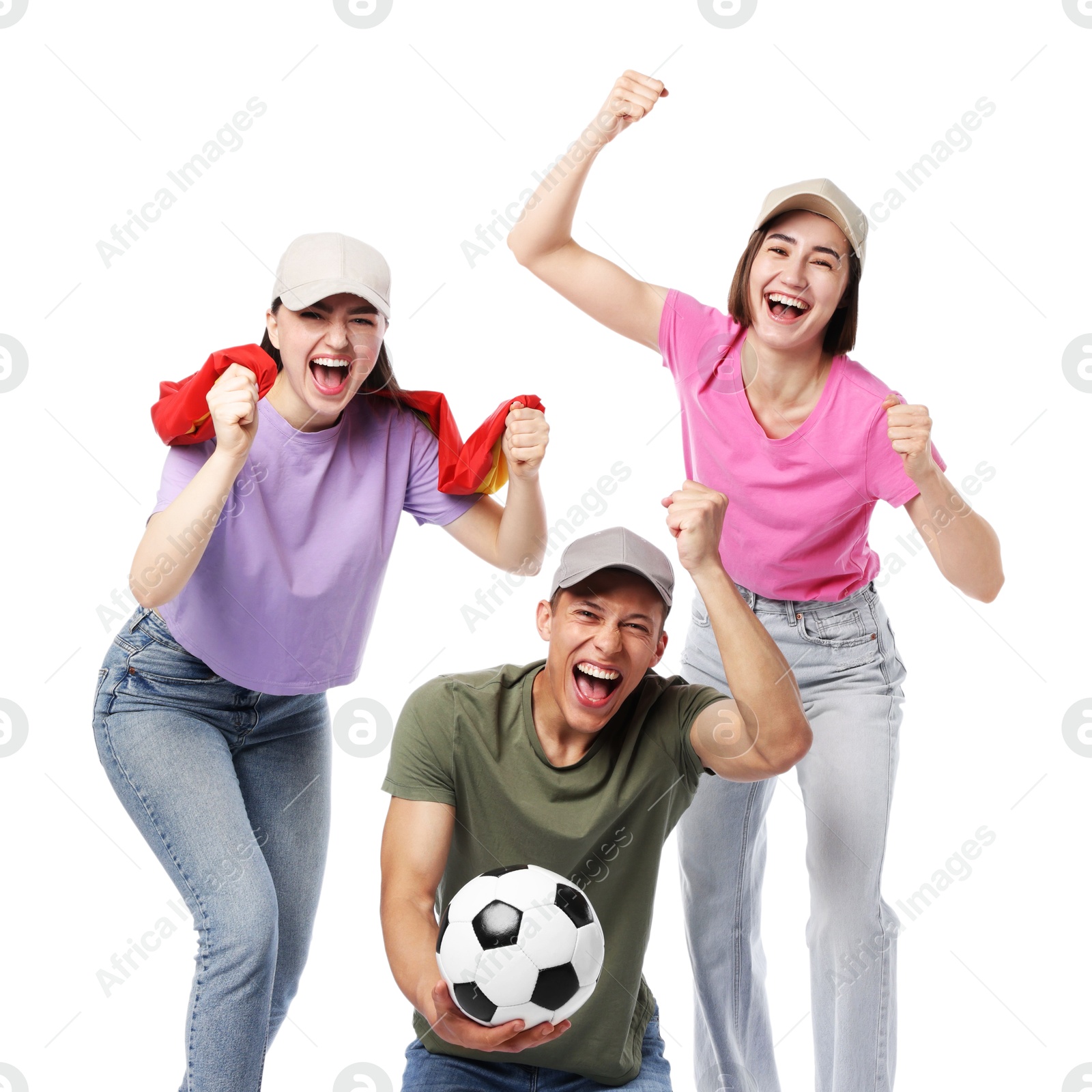 Emotional sports fans with flag and soccer ball on white background Photo of Emotional sports fans with flag and soccer ball on white background