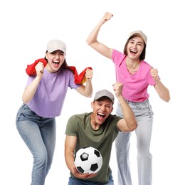 Photo of Emotional sports fans with flag and soccer ball on white background