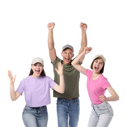 Photo of Portrait of emotional sports fans on white background
