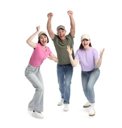 Photo of Portrait of emotional sports fans on white background