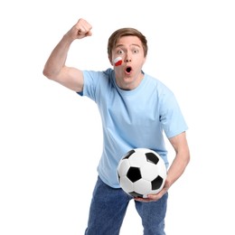 Photo of Emotional sports fan with drawing of Polish flag and soccer ball on white background
