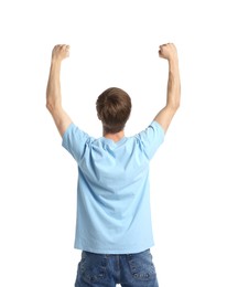 Photo of Sports fan on white background, back view