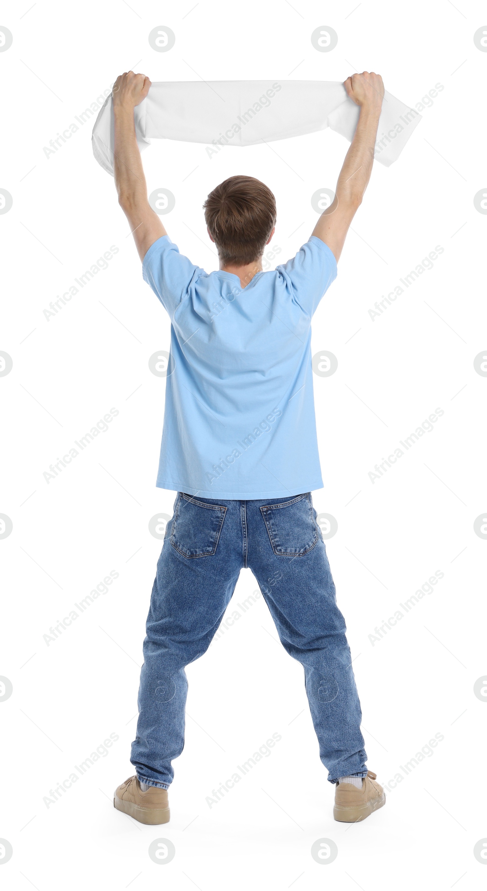 Sports fan with flag on white background, back view Photo of Sports fan with flag on white background, back view