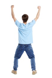 Photo of Sports fan on white background, back view