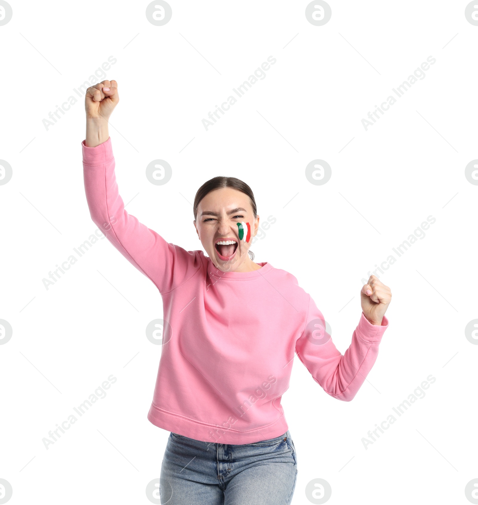 Emotional sports fan with drawing of Italian flag on white background Photo of Emotional sports fan with drawing of Italian flag on white background