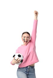 Photo of Emotional sports fan with drawing of Italian flag and soccer ball on white background