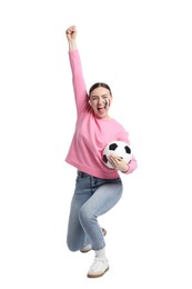 Photo of Emotional sports fan with drawing of Italian flag and soccer ball on white background