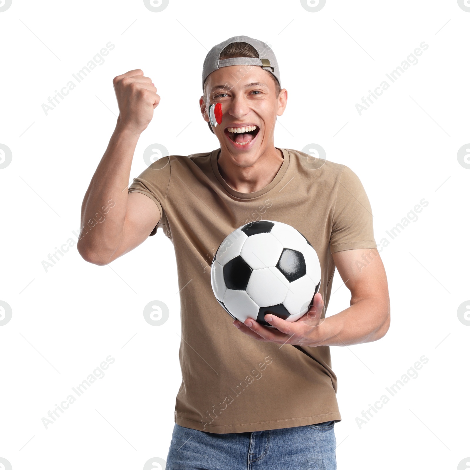 Emotional sports fan with drawing of Italian flag and soccer ball on white background Photo of Emotional sports fan with drawing of Italian flag and soccer ball on white background