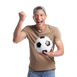 Photo of Emotional sports fan with drawing of Italian flag and soccer ball on white background