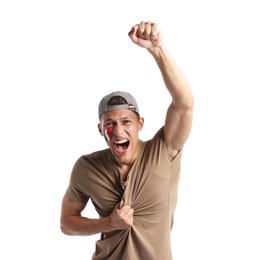 Photo of Emotional sports fan with drawing of Italian flag on white background