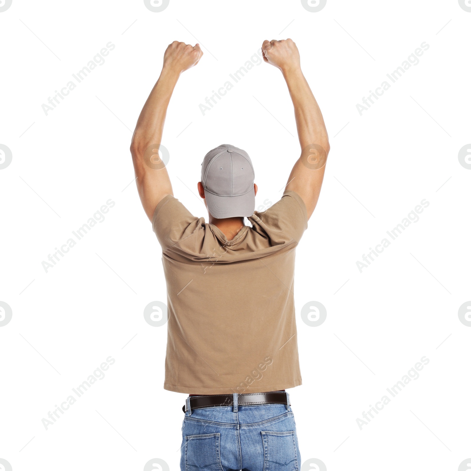 Sports fan on white background, back view Photo of Sports fan on white background, back view