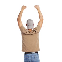 Photo of Sports fan on white background, back view
