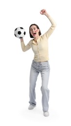 Photo of Emotional sports fan with drawing of Polish flag and soccer ball on white background