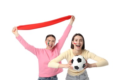 Photo of Emotional sports fans with flag and soccer ball on white background