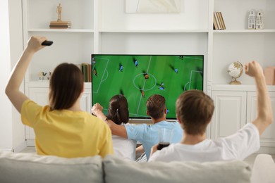 Photo of Group of football fans watching game together indoors, back view