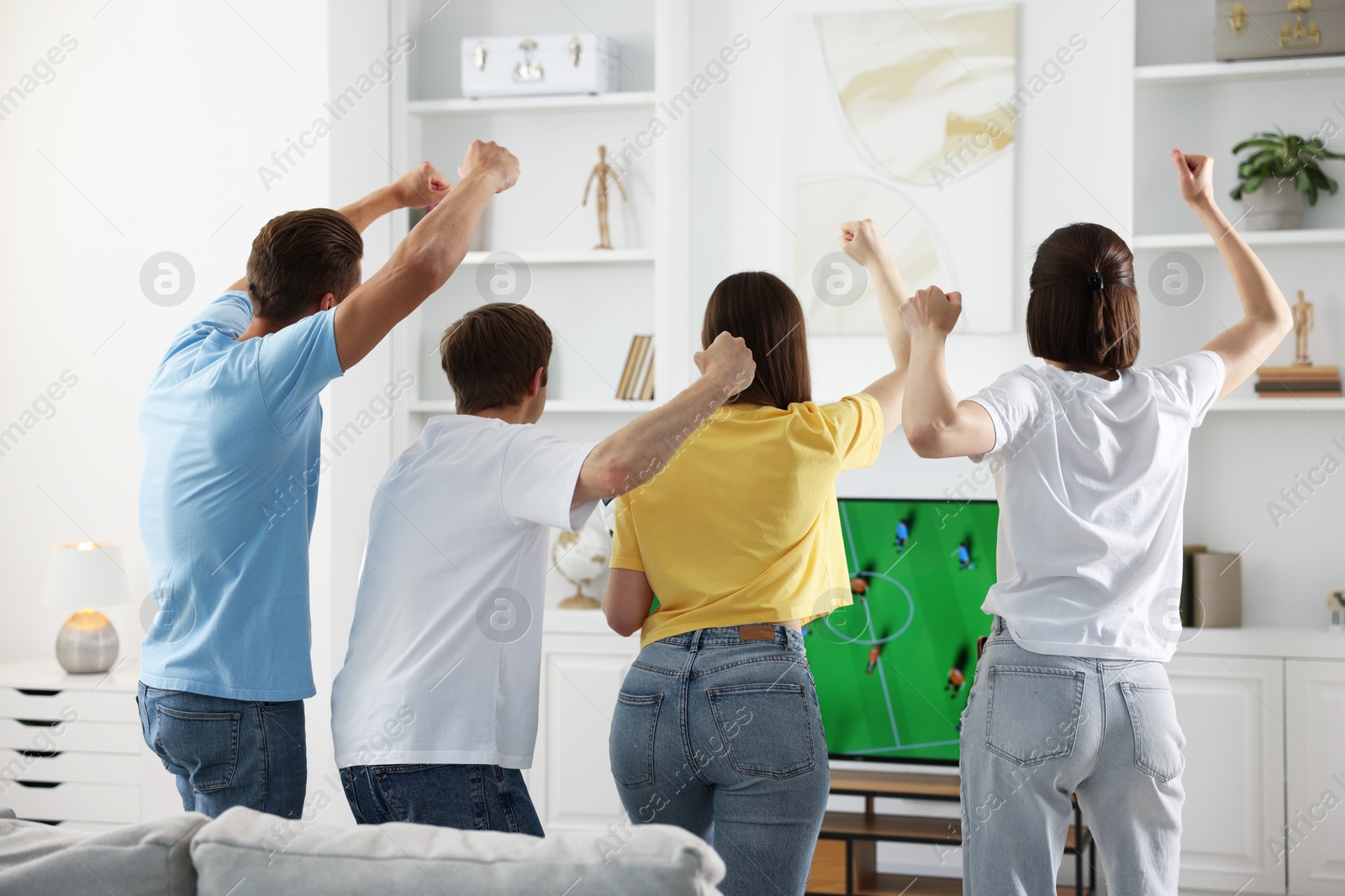 Group of football fans watching game together indoors, back view Photo of Group of football fans watching game together indoors, back view