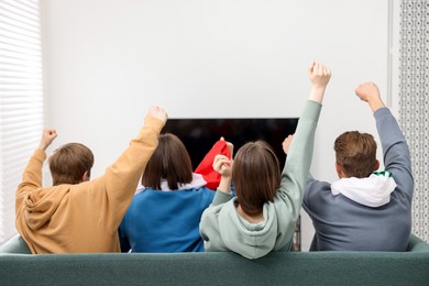 Photo of Emotional sports fans watching game together on sofa indoors, back view