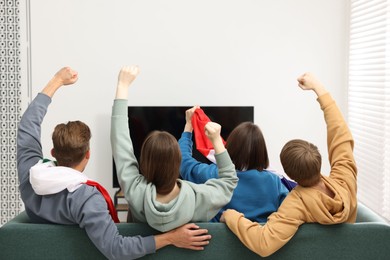 Photo of Emotional sports fans watching game together on sofa indoors, back view