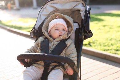 Photo of Cute little baby in stroller at park