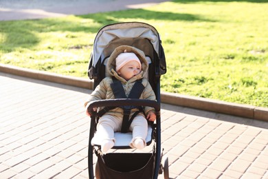 Photo of Cute little baby in stroller at park