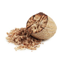 Photo of Half of nutmeg and powder isolated on white