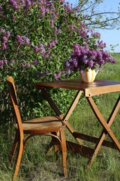Photo of Beautiful lilac flowers in vase on wooden table in garden