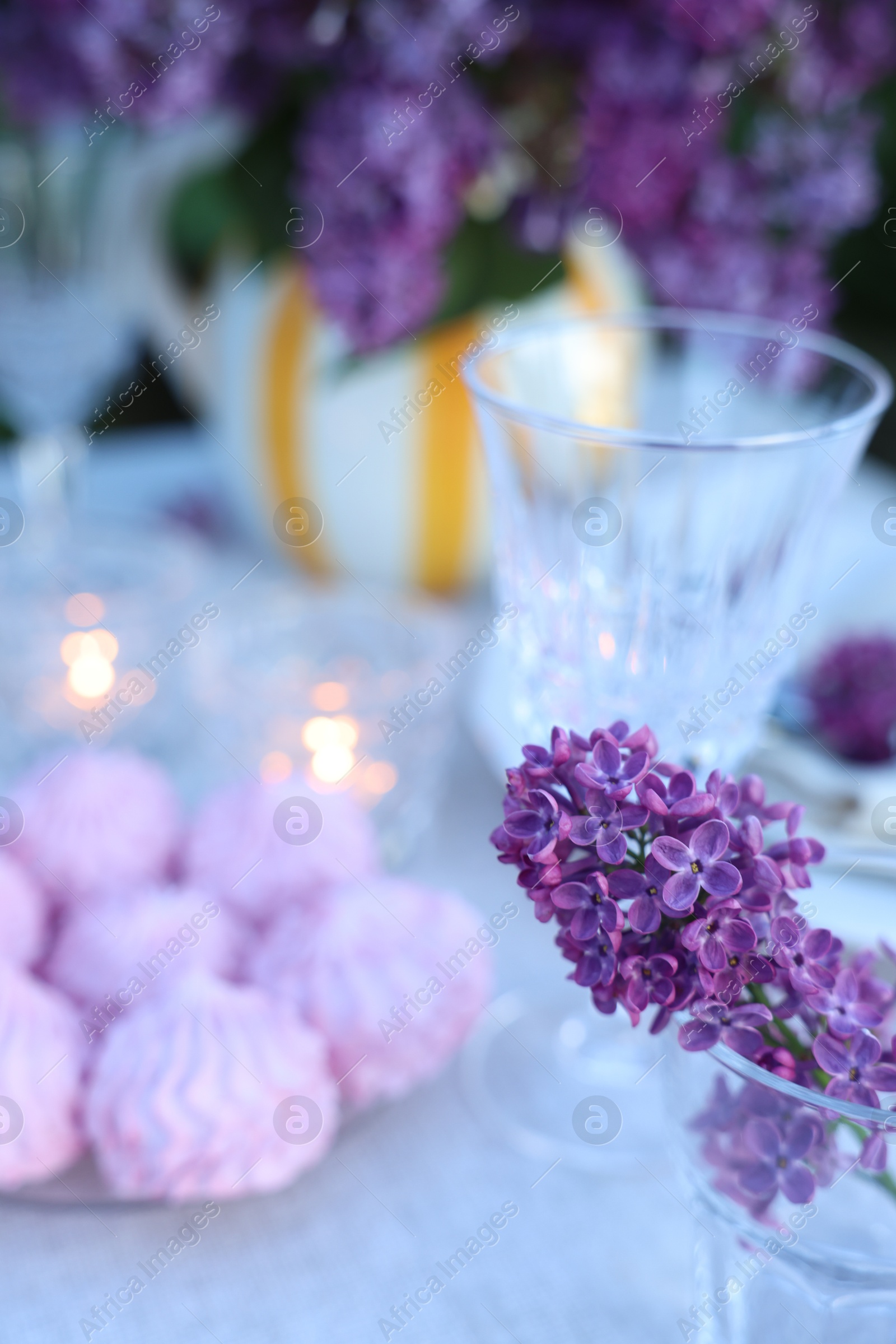 Beautiful lilac flowers, zephyrs and glass on table in garden, closeup. Space for text Photo of Beautiful lilac flowers, zephyrs and glass on table in garden, closeup. Space for text