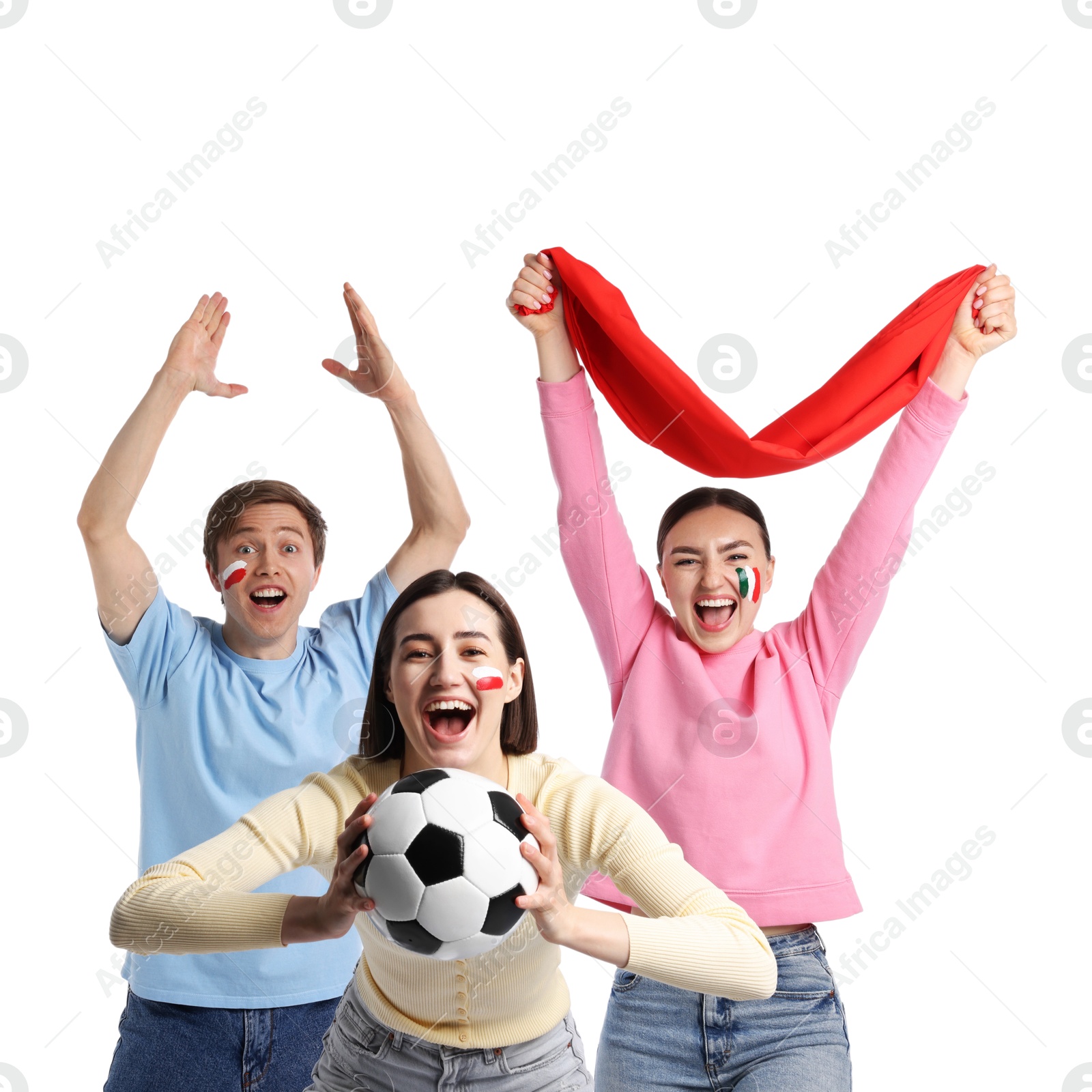 Emotional sports fans with flag and soccer ball on white background Photo of Emotional sports fans with flag and soccer ball on white background