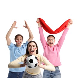 Photo of Emotional sports fans with flag and soccer ball on white background