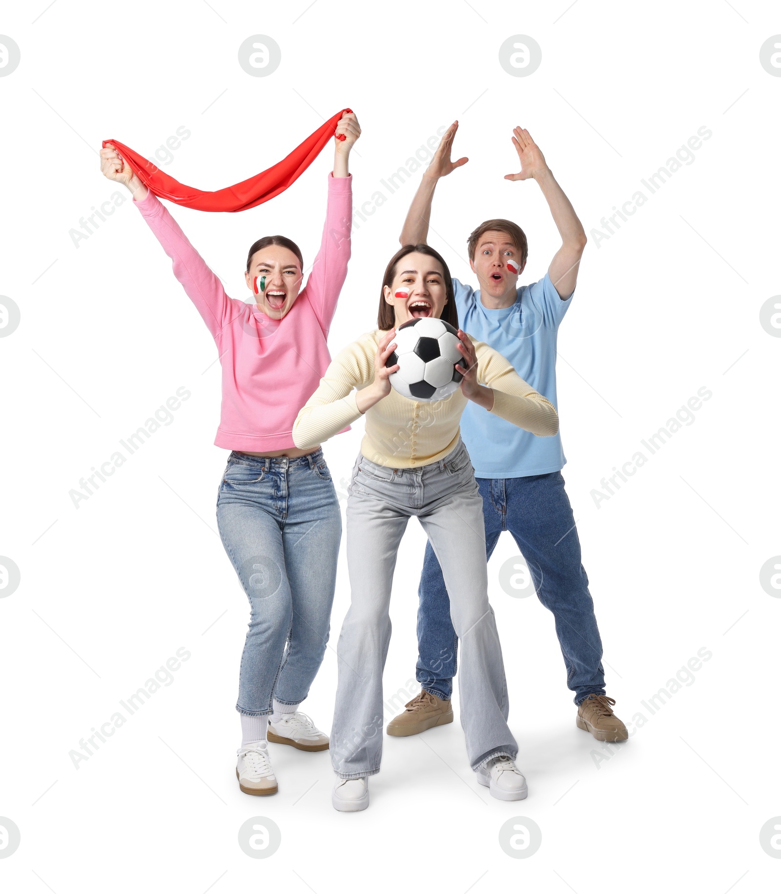 Emotional sports fans with flag and soccer ball on white background Photo of Emotional sports fans with flag and soccer ball on white background