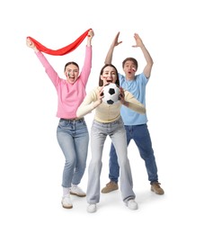 Photo of Emotional sports fans with flag and soccer ball on white background