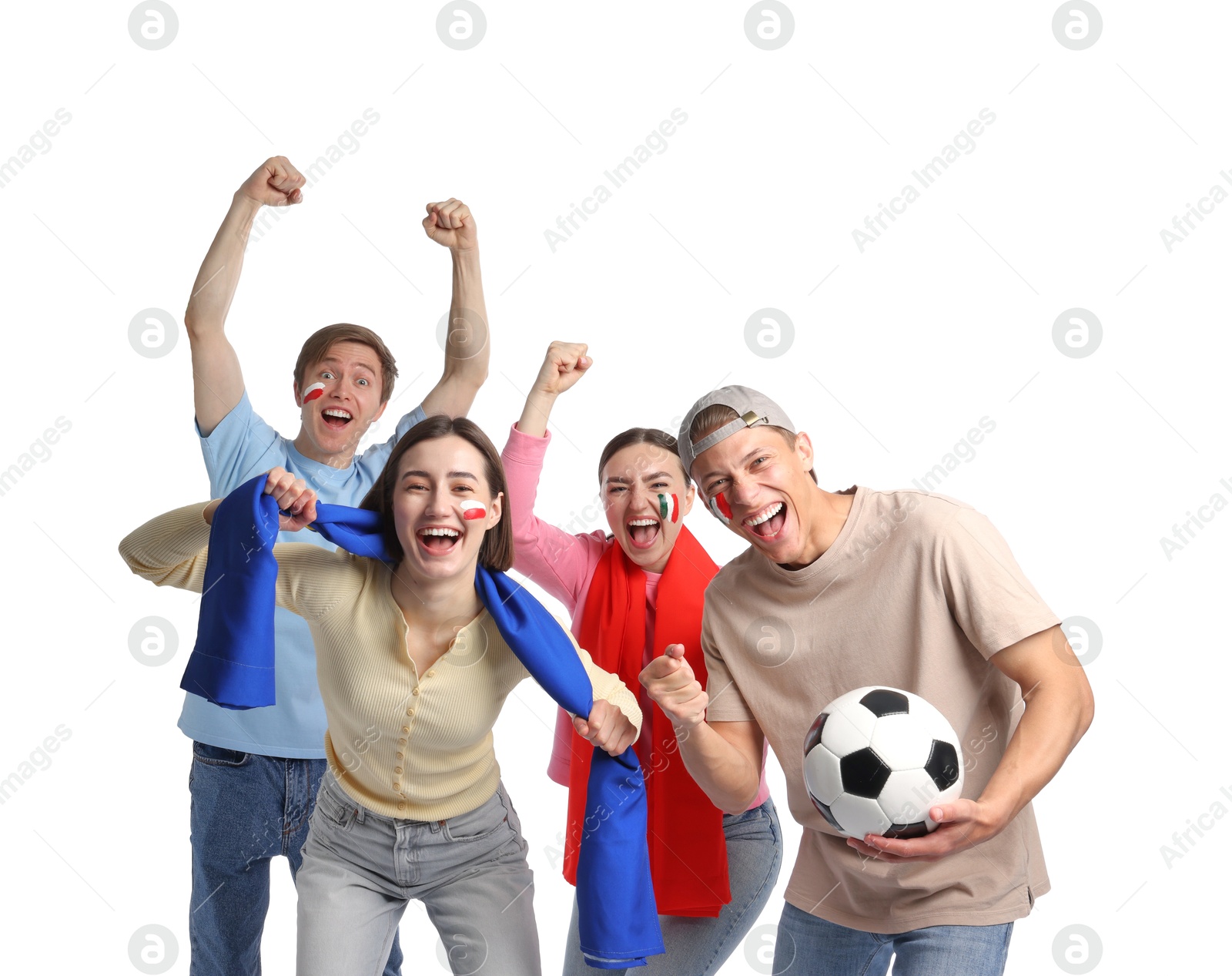 Emotional sports fans with flags and soccer ball on white background Photo of Emotional sports fans with flags and soccer ball on white background