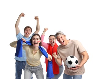 Photo of Emotional sports fans with flags and soccer ball on white background