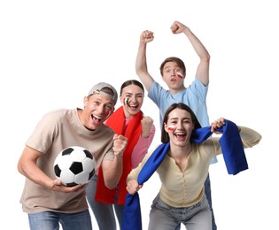 Photo of Emotional sports fans with flags and soccer ball on white background