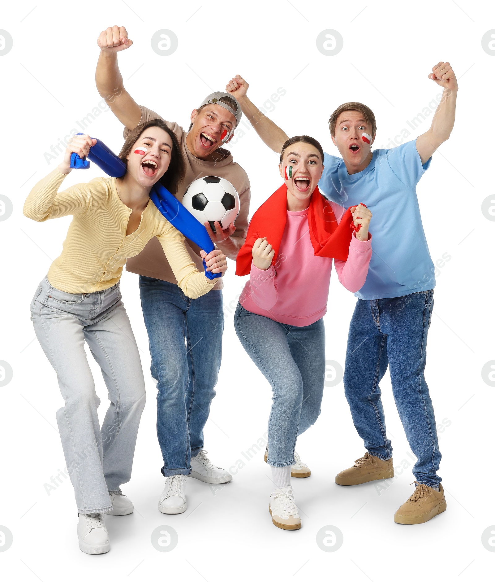 Emotional sports fans with flags and soccer ball on white background Photo of Emotional sports fans with flags and soccer ball on white background