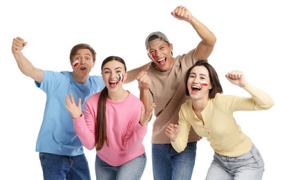 Photo of Portrait of emotional sports fans on white background