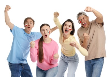 Photo of Portrait of emotional sports fans on white background